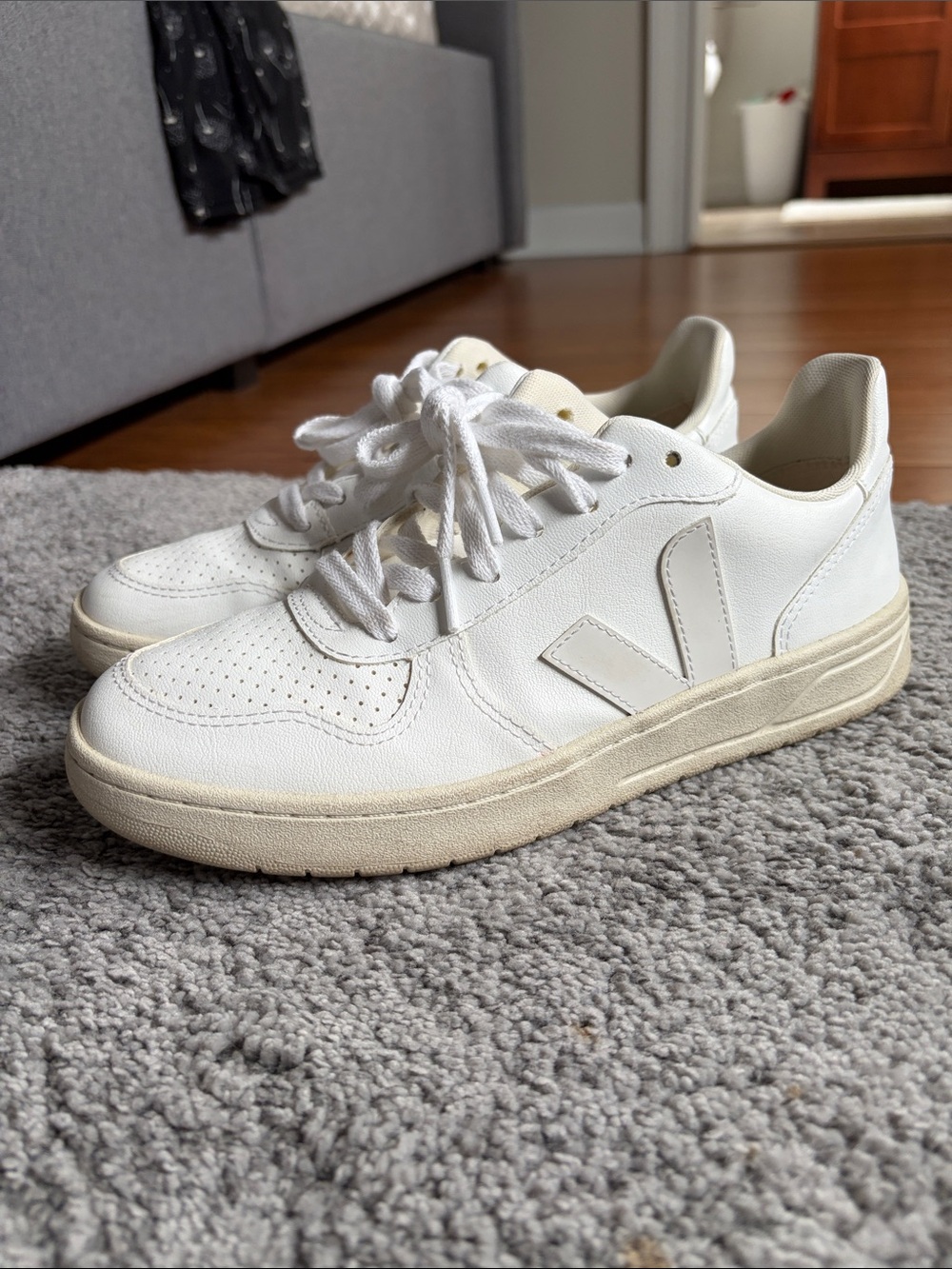 Veja White Leather V-10 Sneakers with Cream Soles